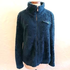 Pendleton blue pile zip-up jacket W green plaid trim. Large.